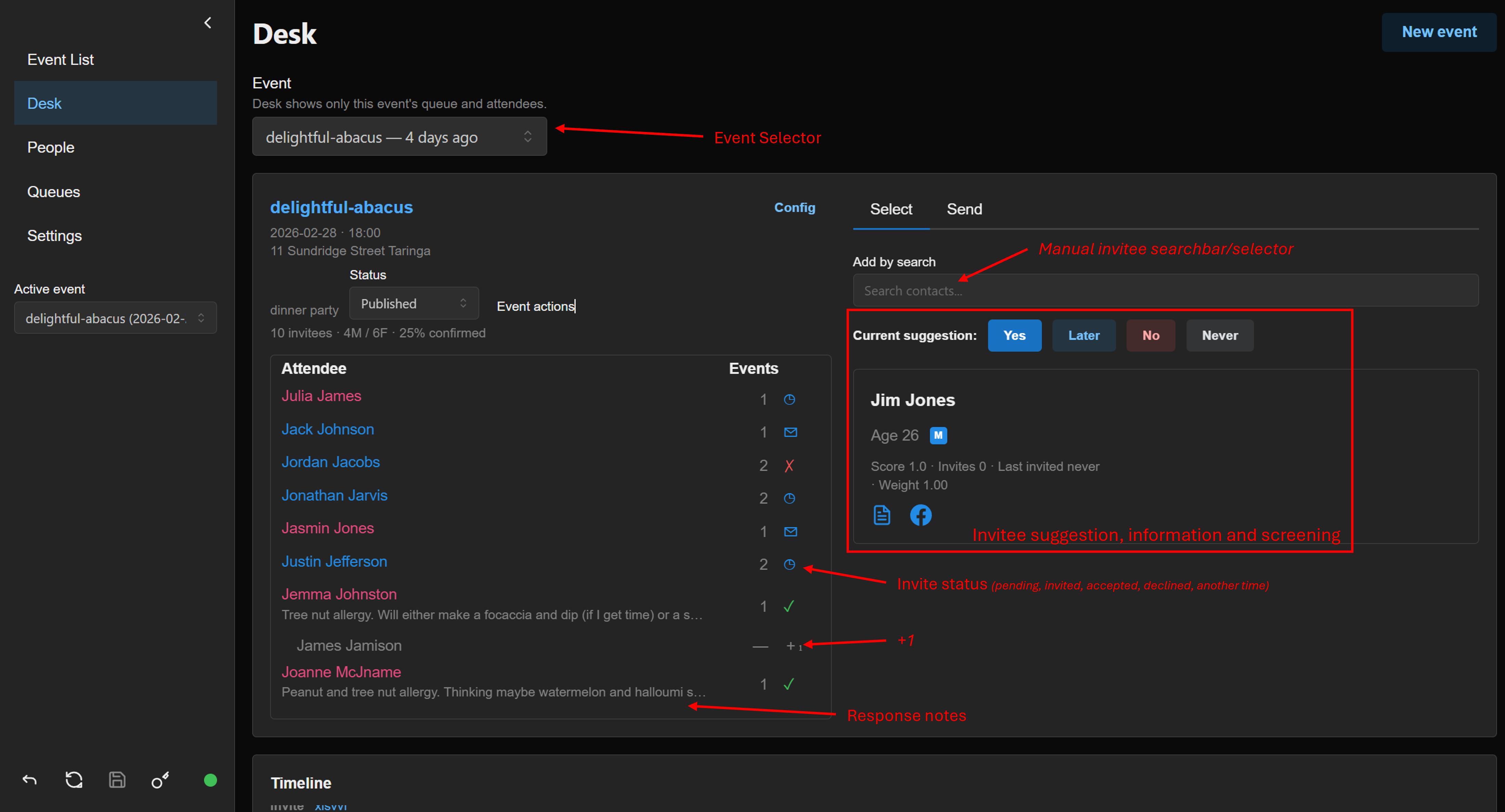 Admin desk: event calendar and management quicklinks